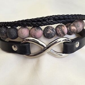 Stacked Bracelet With Braided, Black and Pink Beaded Infinity Bracelet